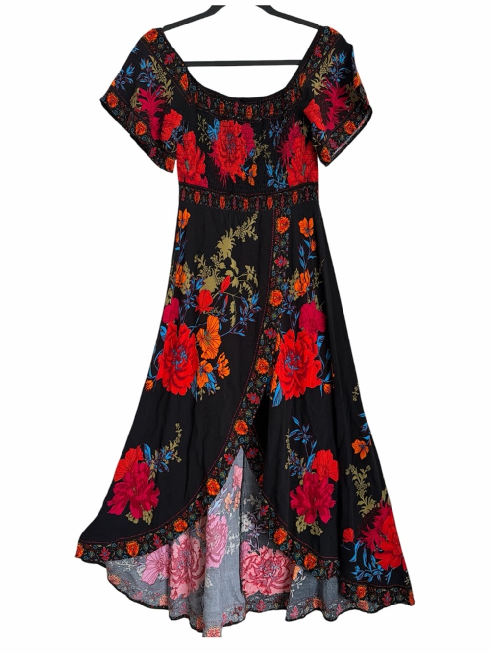 Jealous Tomato Black Maxi Dress with Red, Orange & Blue Floral Print